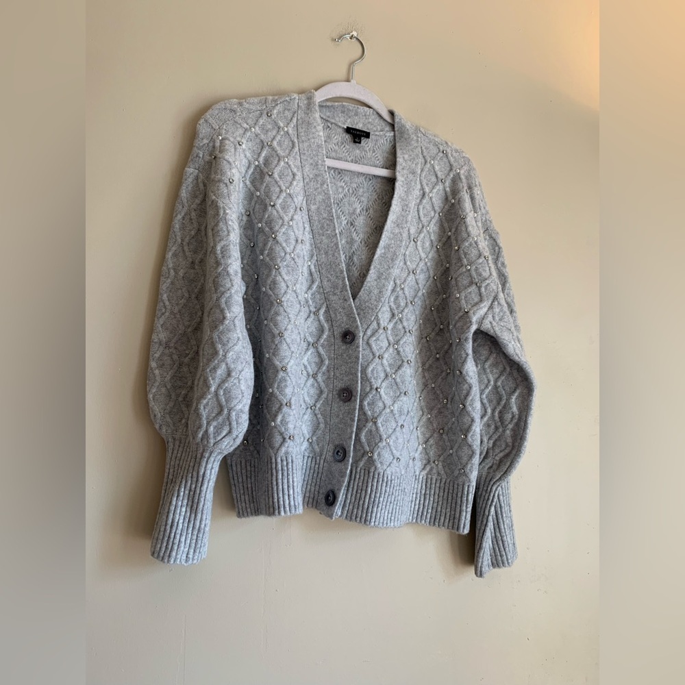 Talbots Light Gray Beaded Cable-Knit Cardigan Wool Mix Sweater Women Size Large